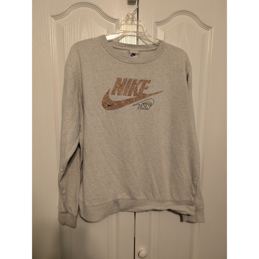 Nike Sweatshirt Womens Large Grey Gold Glitter Logo Crewneck Fleece Pullover